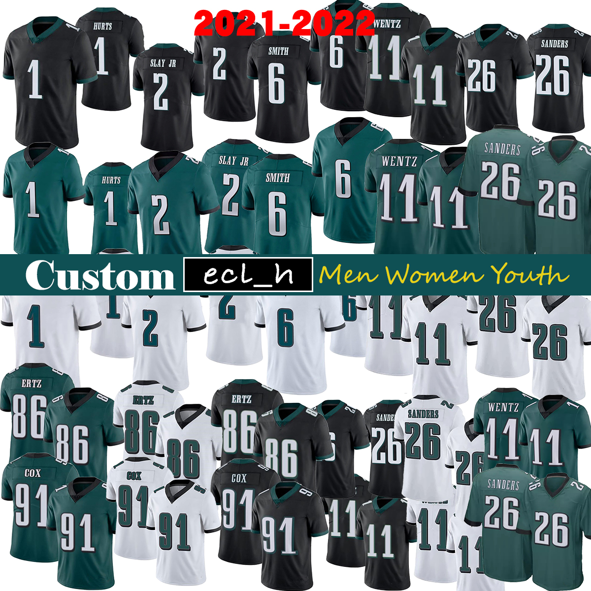 

2021 PHI football jersey custom Men Women Youth 1 Jalen Hurts 2 Darius Slay Jr 6 DeVonta Smith 11 Carson Wentz 26 Green Game 86 Zach Ertz 91 Fletcher Cox 55 Graham 62 Kelce, As