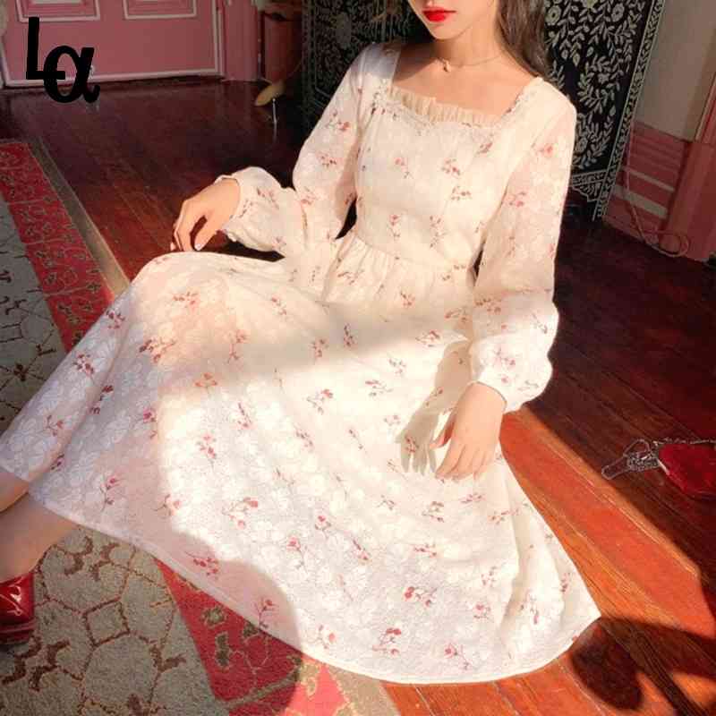 

White Floral Dress Women Elegant Print Sweet Party Female Kawaii Korean Women's Clothing 210519, As picture