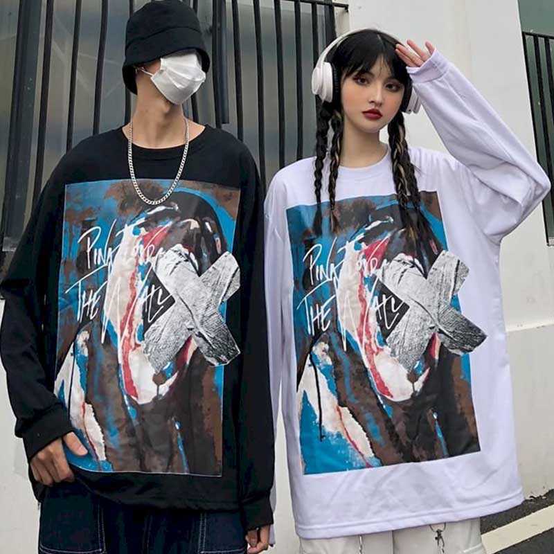 

Round neck pullover hoodies men's autumn and winter loose large size couple wear trend hip-hop high street slim dark 210526, White thin636