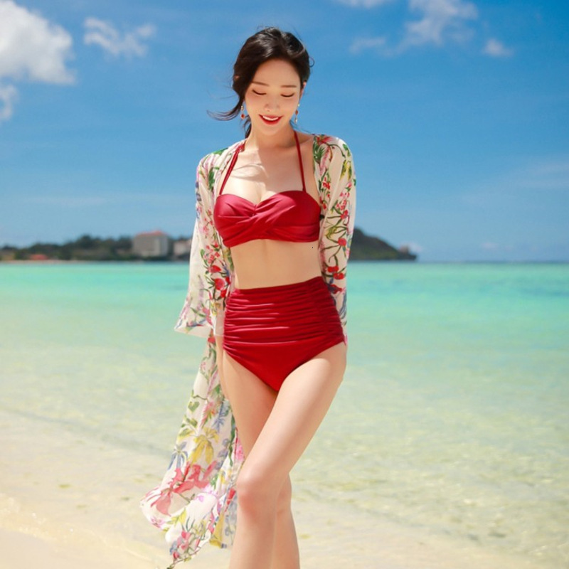 Women&#039;s Korean Sexy Split Triangle Bikini High Waist Red Small Chest Spring Resort Swimsuit-image-678509953