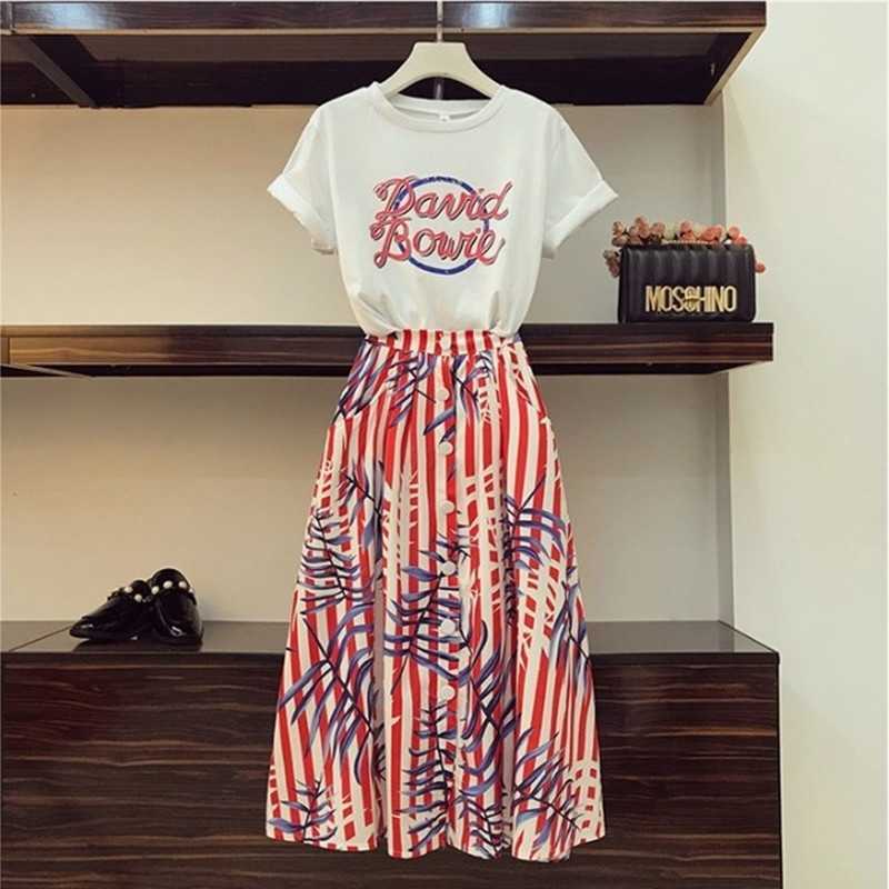

HIGH QUALITY Spring and Summer Women's Print T-shirts + Single Breasted Long Skirt Two Piece Female Casual Suits 210525, Picture color