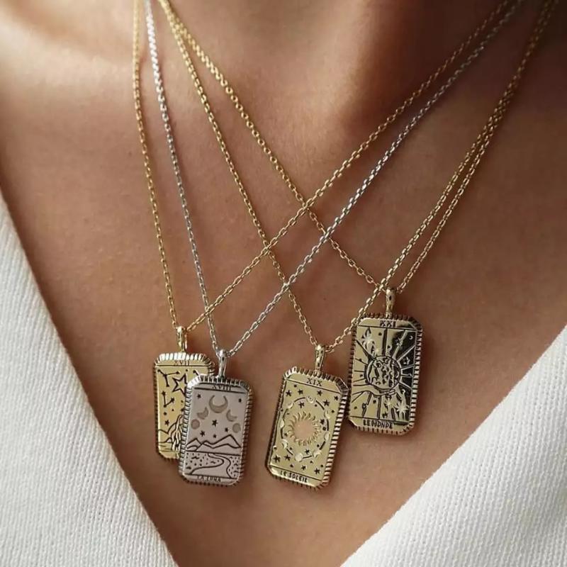 

Pendant Necklaces Square Amulet Tarot Cards Vintage Necklace Women's Jewelry Gift Gold Plated Collar For Female Chain Zodiac Moon Sun Love