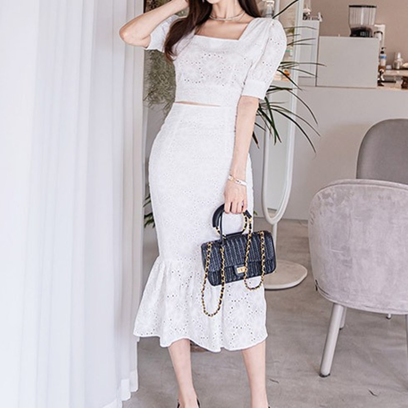 

Summer Vintage Lace Square Neck Blouse Crop Top + High Waist Pencil Bodycon Skirt Women 2 piece Suit OL Work Wear Set 210525, Picture color