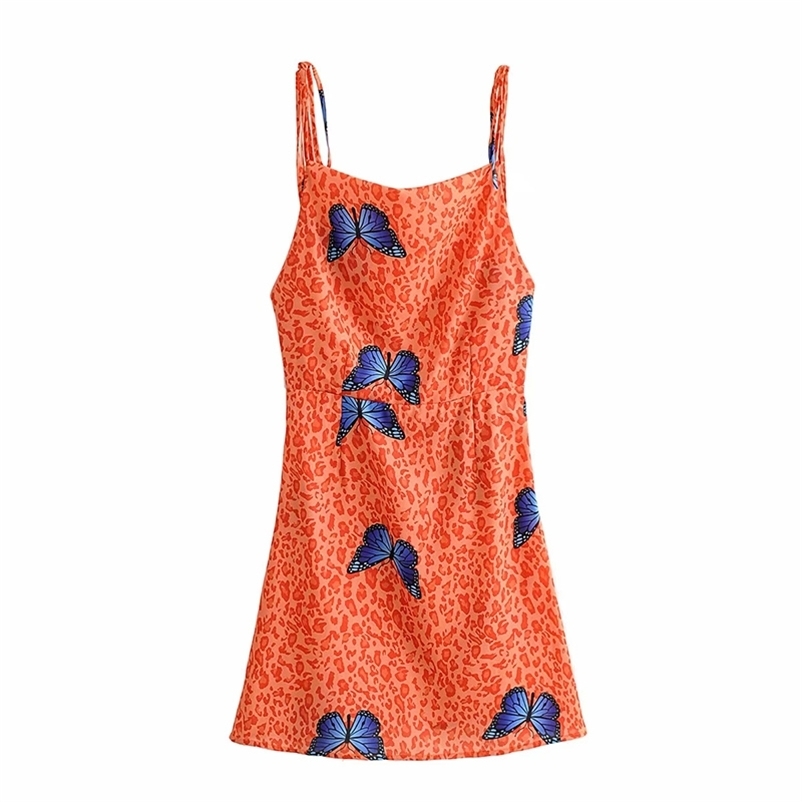 

women summer Spaghetti Strap mini dress butterfly leopard printed sleeveless sling A-line 210524, Orange