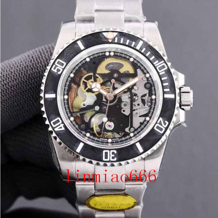 

men's watch, diving, hollow disc, stainless steel belt, folding buckle, carbon fiber ring, wholesale and retail, sapphire glass, 40mm, Slivery;brown