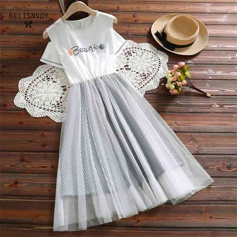 

Japanese Mori Girl Summer Women Cute Dress Letter Printed Beading Blue White Mesh Patchwork Cotton Tulle Kawaii Vestidos 210520