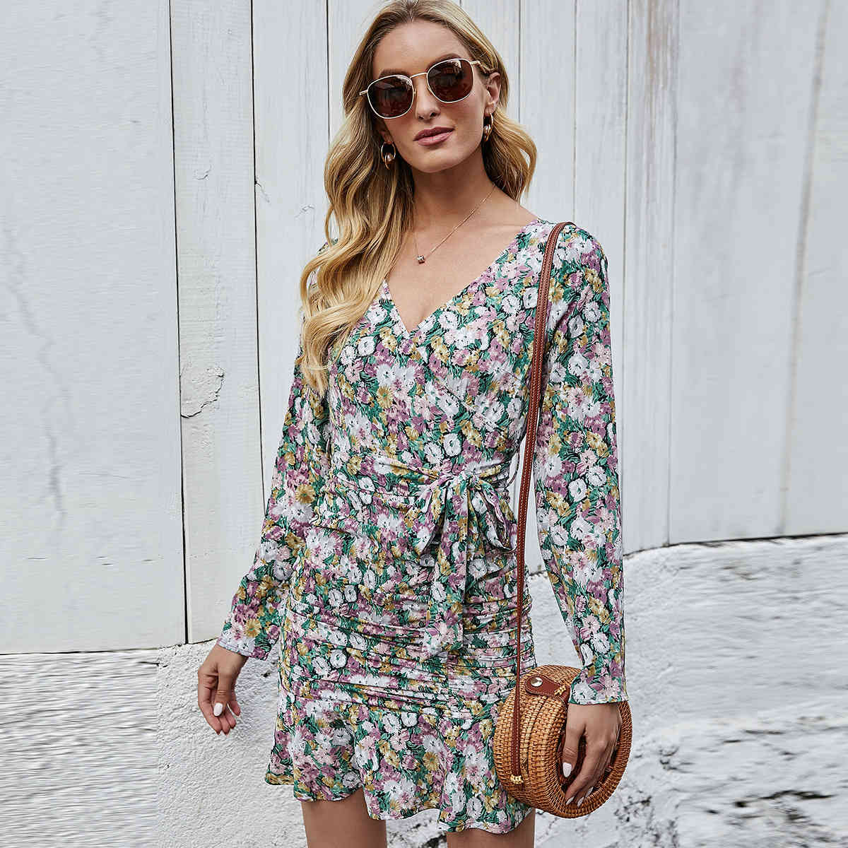 

Spring Sheath V-Neck Full And Regular Sleeves Ruffles Printing Casual Women's Dress 210524, Multi