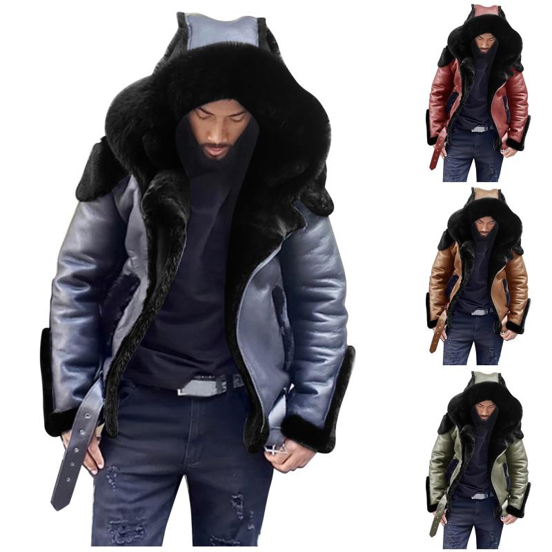 

Men's Jackets Mens Leather Jacket Black Big Fur Collar Hooded Plus Velvet Thicken Long Sleeve Warm Zipper 2021 Autumn Winter, Black;brown