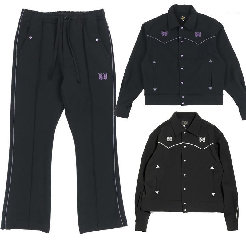 

Men' Pants Needles Men Women Butterfly Embroidery AWGE Sweatpants Piping Cowboy