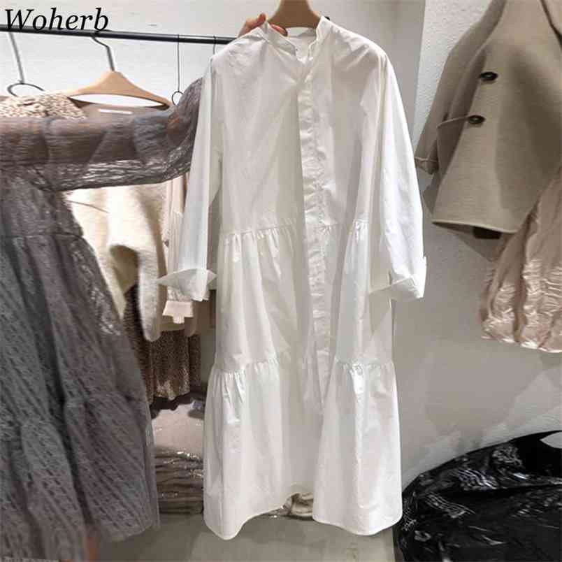 

Women Dress Korean Casual Straight Blouse Single Breasted Long Sleeve Stand Neck es Pleated Ruffle Vestidos 210519, White