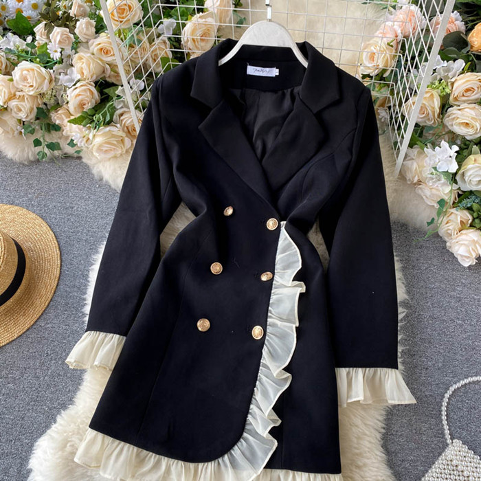 

LY1208 European Stylish Black Color Ruffles Edge Long Sleeve Slim Dress Women Chic Dresses Clothing, Black;gray