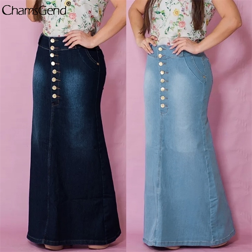Women's Casual Front Button Washed Denim A-line Skirts Long Jean Skirt Skirts Womens Jupe Femme Faldas Mujer Moda Maxi Skirt 210412Z