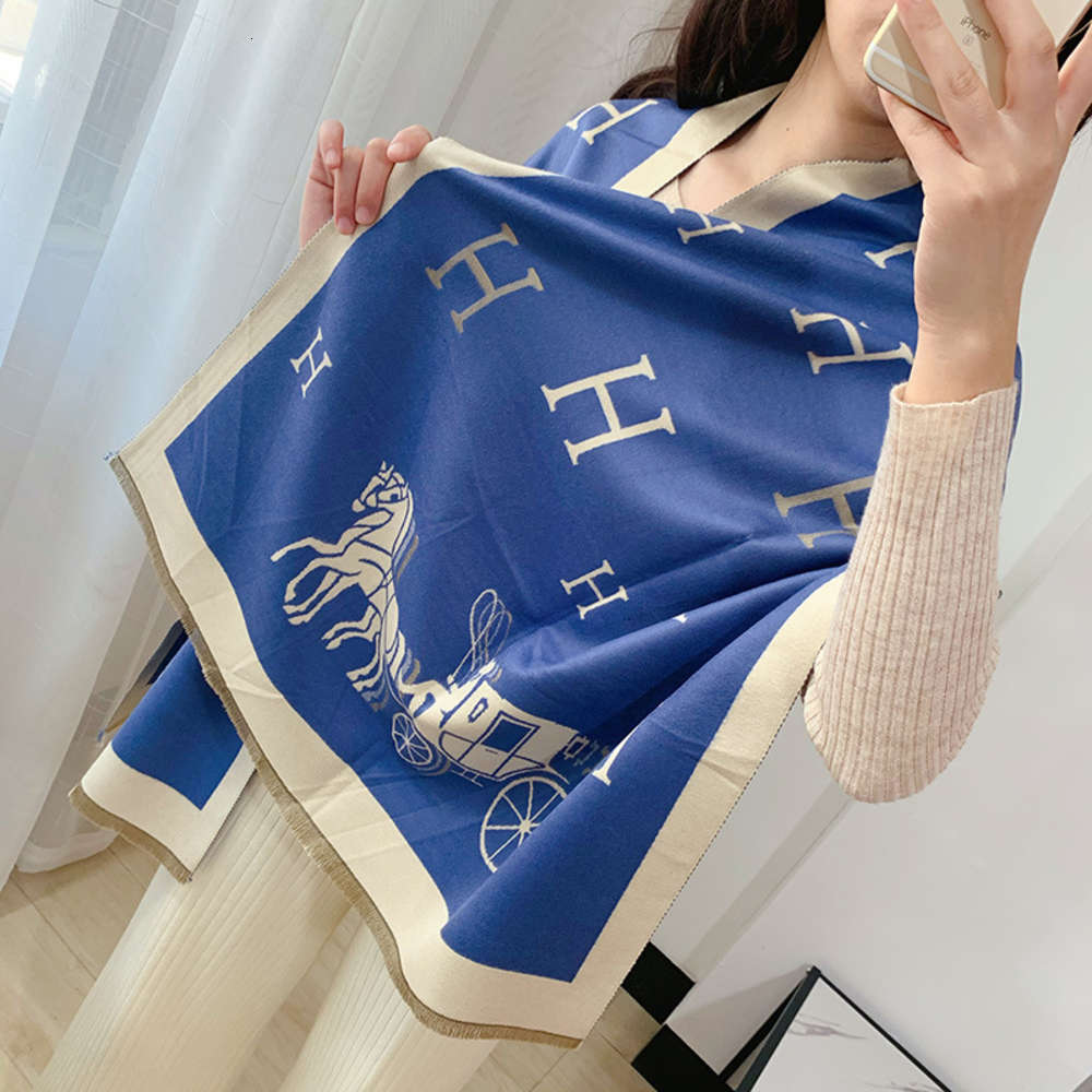 

scarf autumn and winter cashmere women's H-letter carriage pattern warm double-sided thickening versatile shawl, Blue;gray