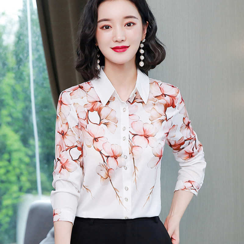 

Heavyweight Silk Shirt White shirt woman satin Print blouse women Long Sleeve  plus size Casual Top 3XL 210604