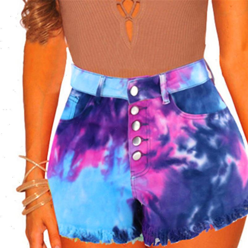 

high waist tie dye women shorts denim cotton stretch button tassel buttocks nightclub orgy jeans, White;black