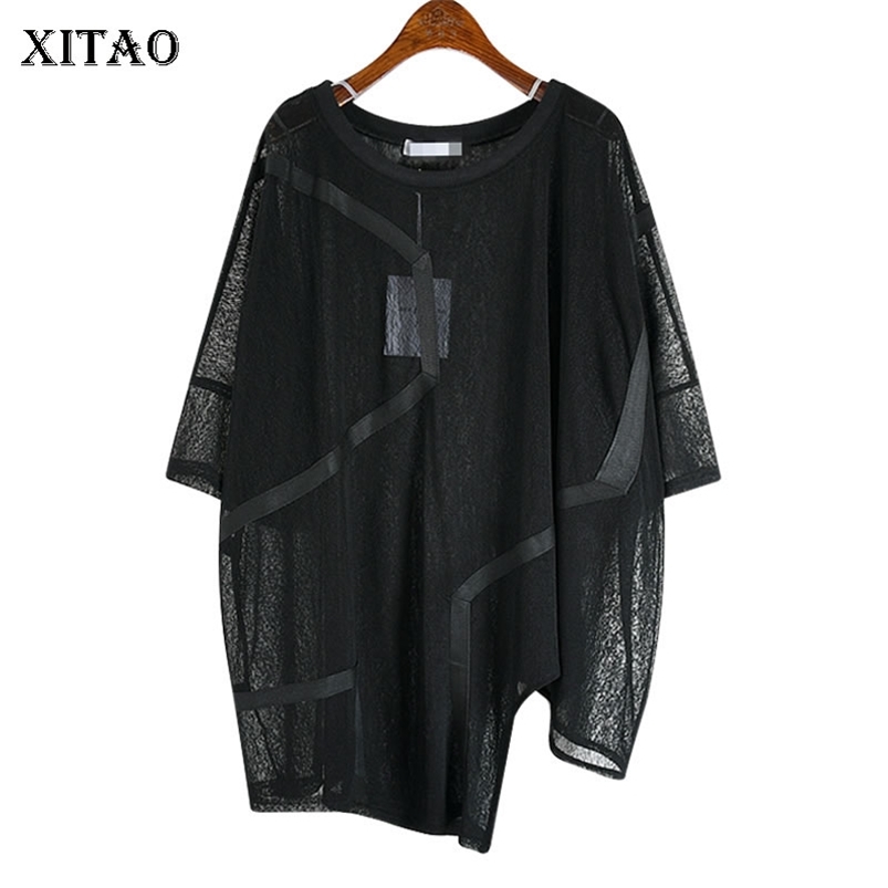 

XITAO Irregular Sexy T Shirt Women Fashion Thin White Black Pullover Goddess Fan Casual Style Loose Minority Tee Top DZL1184 210722, Black dzl1184
