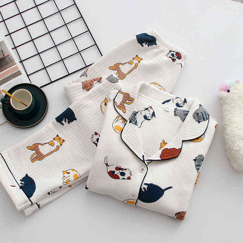 

Thick Warm Winter Pajamas For Women 100%Cotton Home Suit Cartoon Cat Printed Sleepwear Female 2Pcs Long Sleeve Homewear Set 211109, White