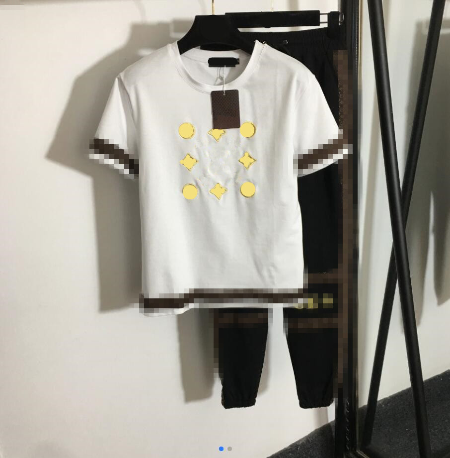 

Suit logo webbing stitching embroidered letters cotton short-sleeved T-shirt + elastic waistbanded casual pants 401, Gray