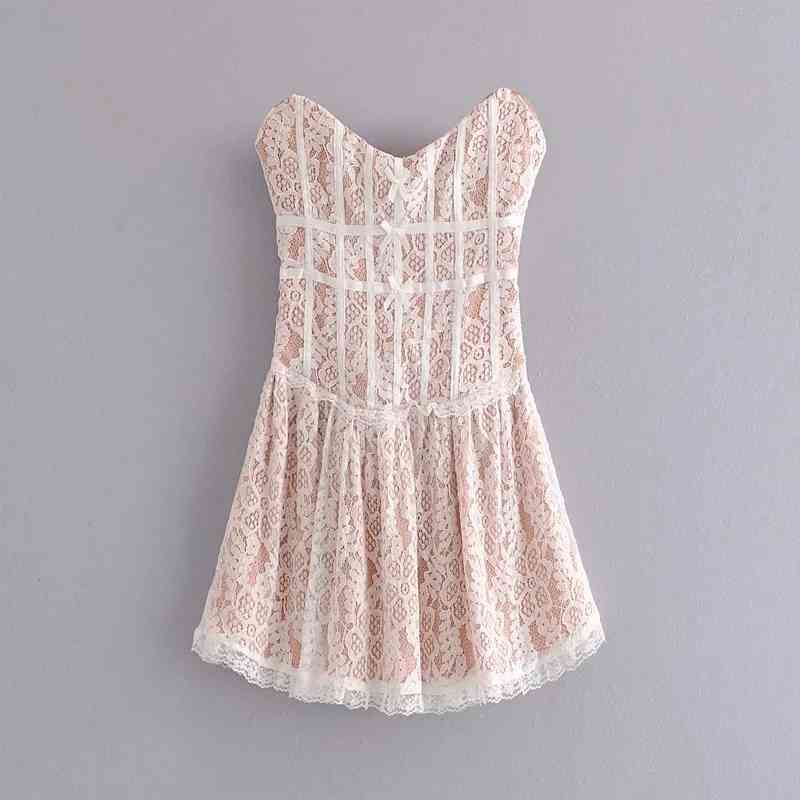 

Vintage Sexy Bow Lace Ruffles With Lining Mini Dress Women Elegant Fashion Strapless Backless Party Dress Female Chic Vestidos 210520, As pic
