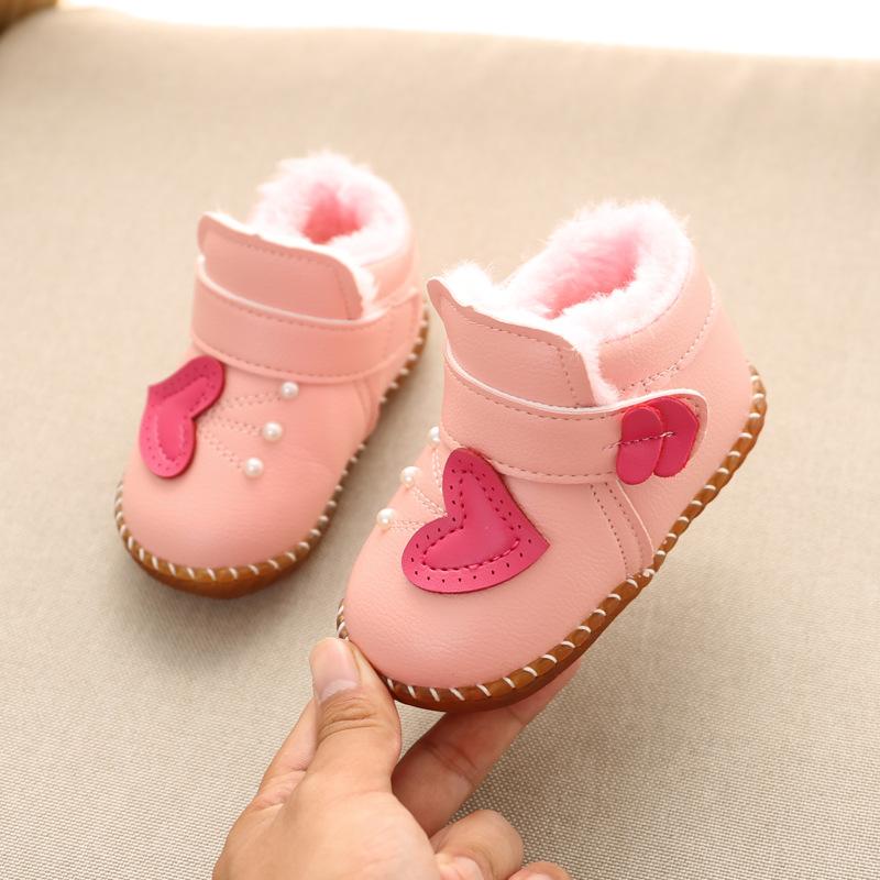

First Walkers Children Shoes Winter Plush Born Baby PU Leather Infant For Boys Girls Love Pearl Kids, Pink