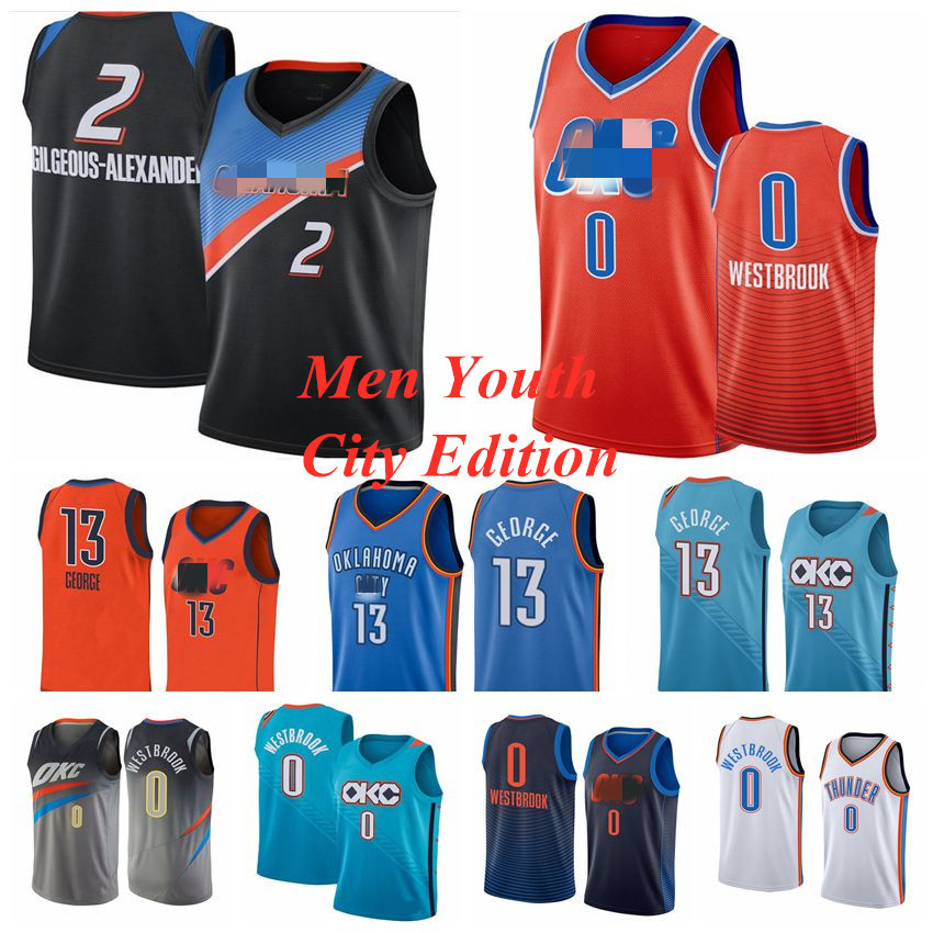 

Oklahoma City Thunders Basketball Jerseys 0 Westbrook Paul 13 George 2 Gilgeous-Alexander Jersey Authentic 2021 Youth City Swing, Black;red