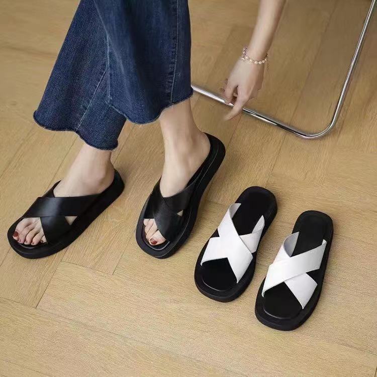 

stylishbox_T21040502 40 black whitesandals flat slides 3cm platform cross strap genuine leather calf skin casual summer shoes, Black/check stock before pay