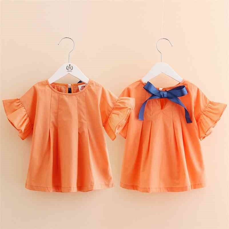 

Summer 2 3 4 5 6 7 8 9 10 Year Sweet Cute Solid Orange Color Short Flare Trumpet Sleeve Blouse Shirt For Baby Kids Girl 210701