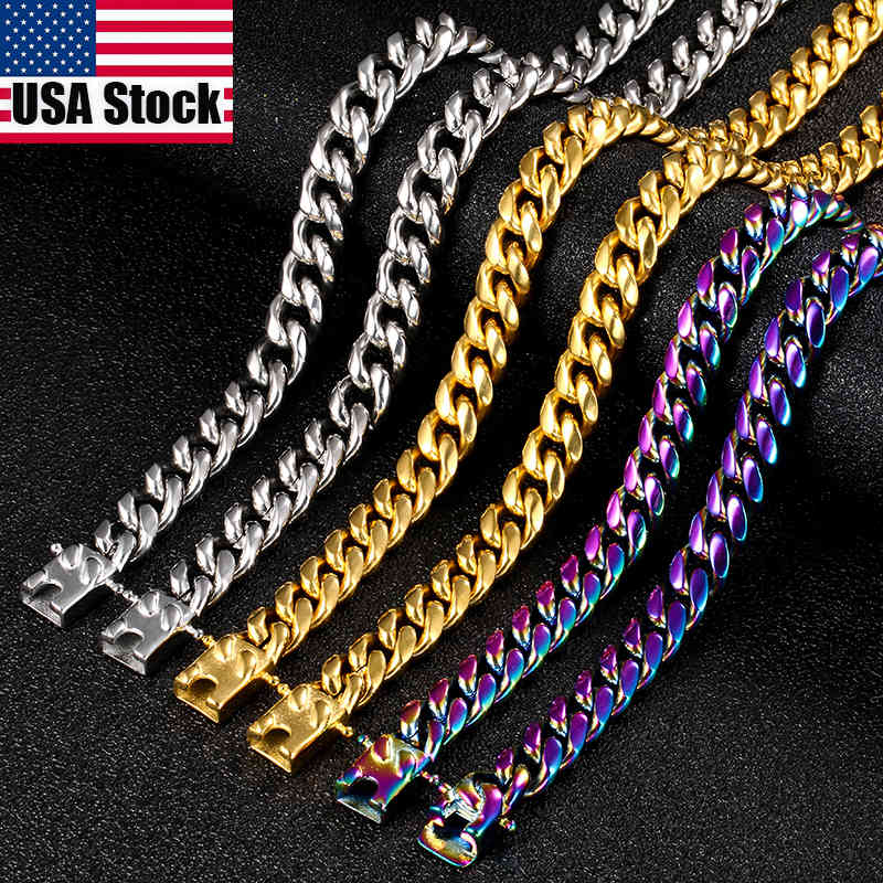 

yutong 10MM Punk Rainbow Stainless Steel Miami Cuban Link Chain Necklace For Mens Hip Hop Jewelry Gold Silver Color Chain Solid Metal