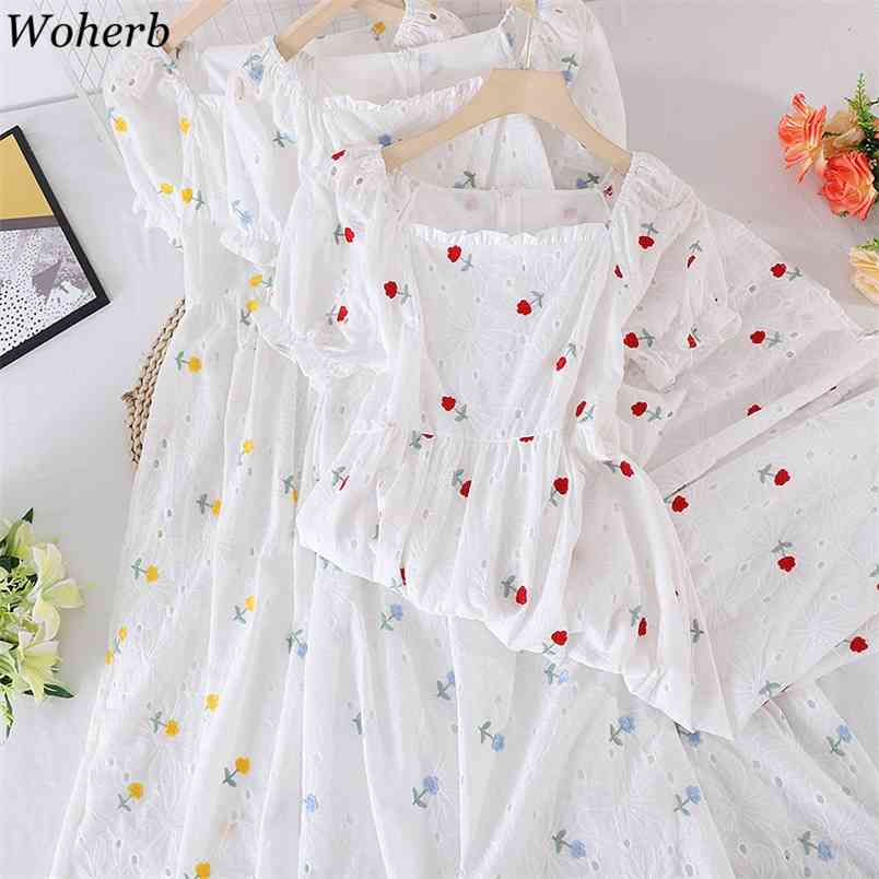 

Elegant Embroidery Dress Women Summer Slim Temperament Square Collar Vestidos High Waist Sweet Short Sleeve Dresses 210519, Yellow