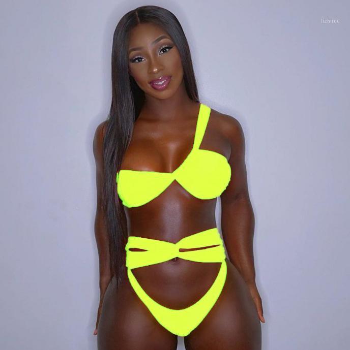 

Women' Swimwear Pure Color Bikini Fluorescent Swimsuit 2021 Sexy High Waist Set 2 Piece Sets Beach Bathing Suit Women, Black