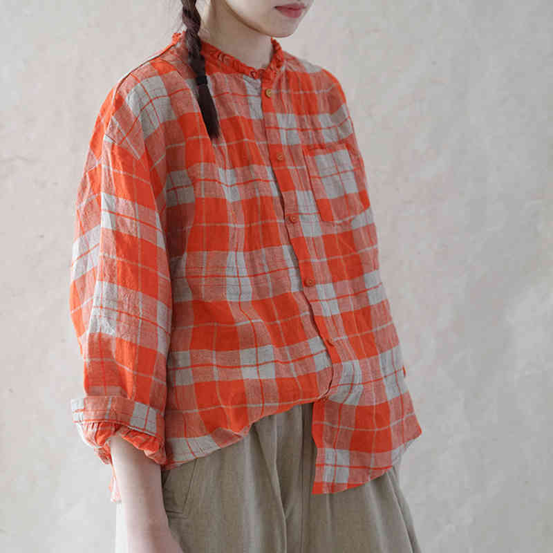 

Johnature Women Plaid Linen Shirts And Tops Vintage Button Blouses Spring Pockets Female Clothes Loose Sweet Shirts 210521, Purple