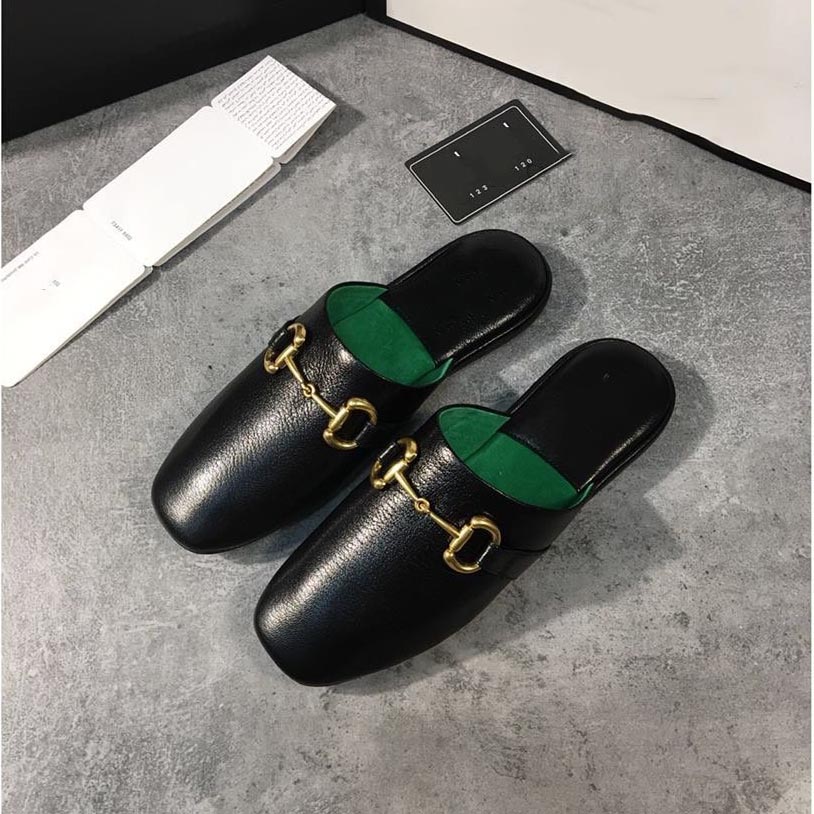 

Womens Leather Slippers Designer Metal buckle slippers Summer Princetown Lace Velvet Slipper Mules Loafers Genuine Fashion Flats, Black