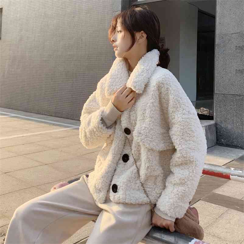 

Women Solid Thick Warm Lambswoll Coat Lady Winter Single Breasted Crop Tops Long Sleeve Overcoat Female Streetwear 210519, Brown