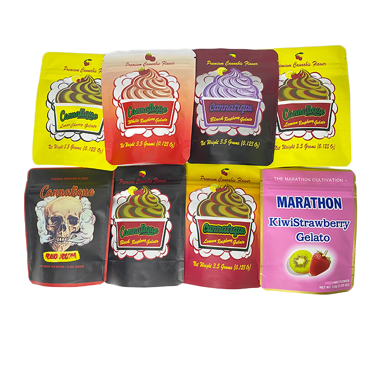 

Wholesale cannatique 3.5g cookie flower mylar bags matte material smell proof edible plastic packaging bag