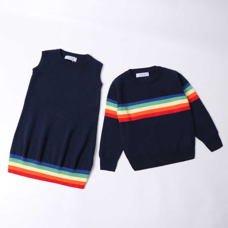 

Siblings Outfit Knitted Sweater Autumn Children's Clothing Baby Boy Girl Dress Korean Stripe Warm Tops 210701