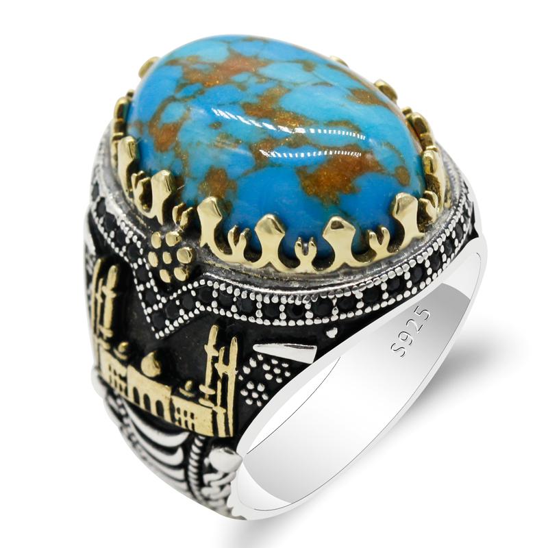 

Cluster Rings Real 925 Sterling Silver Men Natural Turquoise Stone Blue Vintage Wedding Party Ring Castle Moon Shape Turkish Jewelry