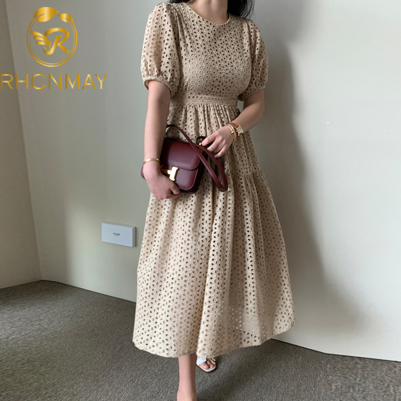 

2021 summer korean chic elegant temperament lace hollow out puff sleeve high waist long dress mid-calf short solid female dressswimwear bat, Black;gray