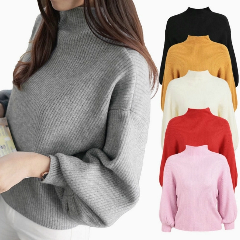 

winter Korean version of the solid half-high collar pullover sweater female loose wild lantern sleeve 210527