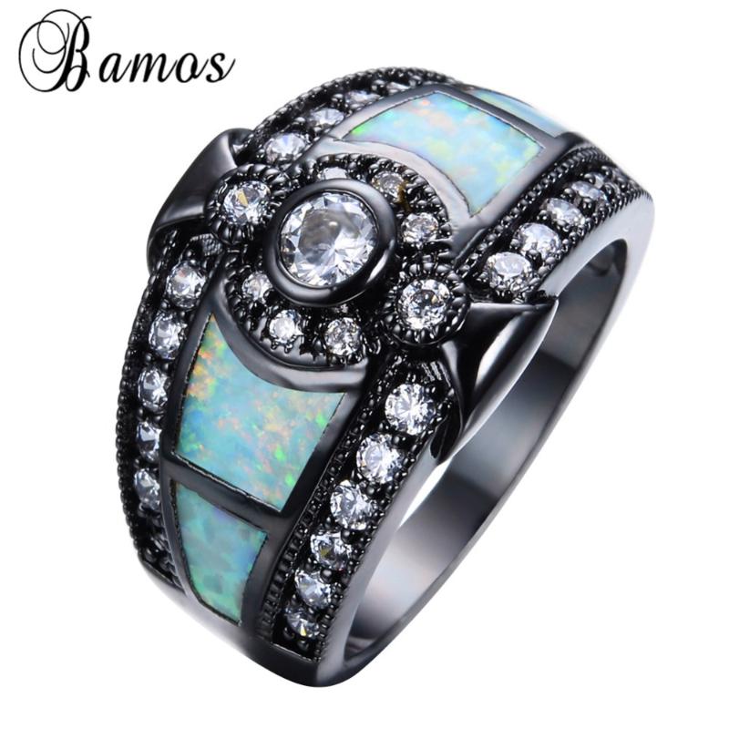 

Wedding Rings Bamos Geometric Style Women Men Rainbow Fire Opal Ring Black Gold Filled Party Engagement Cocktail Anillos RB1179