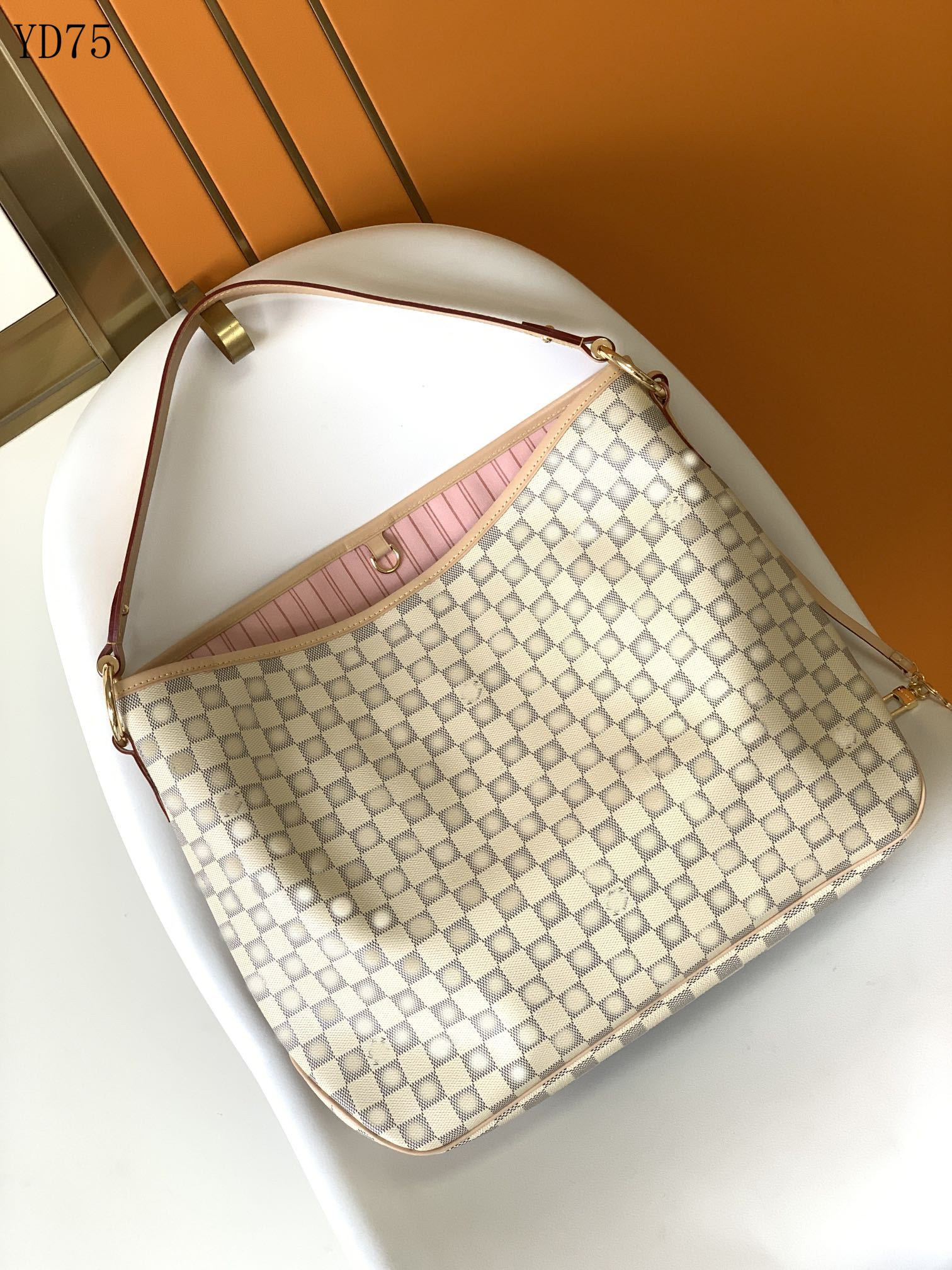 

OnTheGo PM tote bag Embossed Monograms pattern By The Pool color gradient Leather Womens Designer Handbag Cross Body Shoulder handle Carry Purse Wallets, White plaid + pink interior