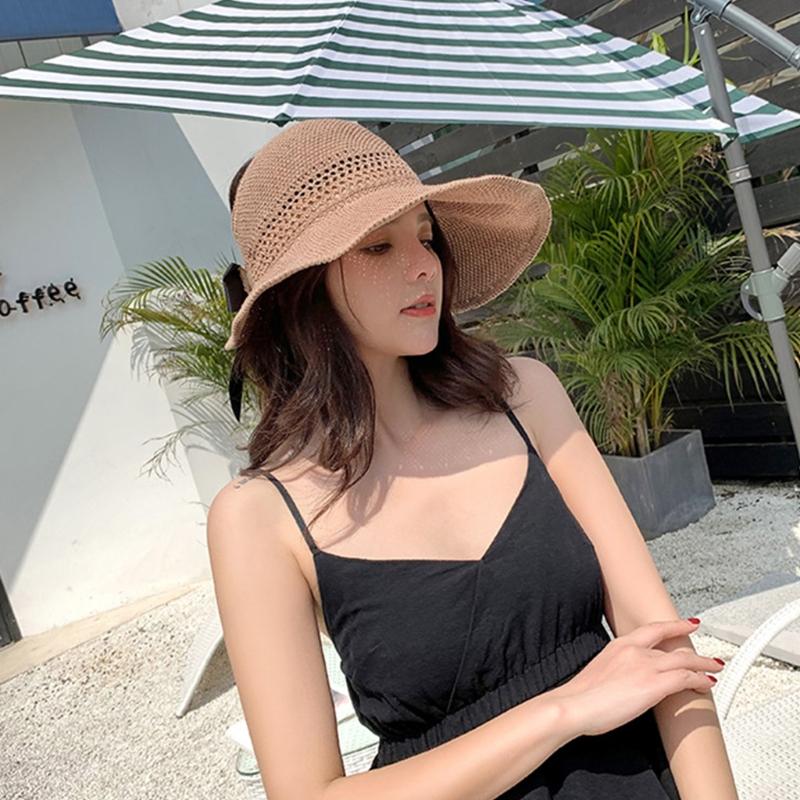 

Wide Brim Hats Women Summer Woven Mesh Sun Visor Cap Sweet Bowknot Open Top Roll-Up Packable Travel UV Protection Beach Hat, Gy