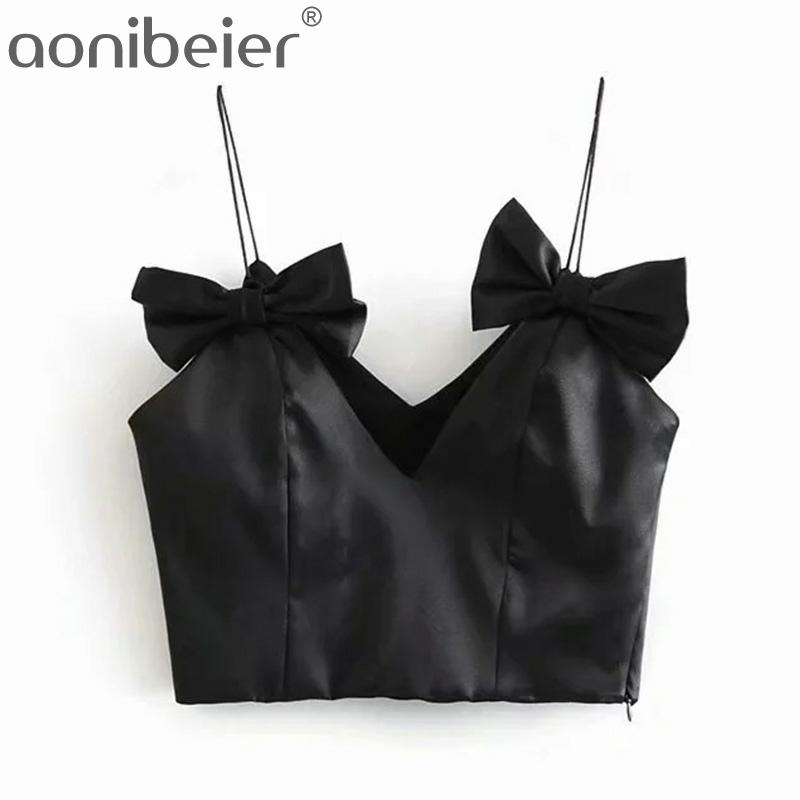 

Black Satin Camisole Summer Fashion Sleeveless Bow Embellishment Spaghetti Strap Side Zipper Women Slim Cami Crop Tops 210604