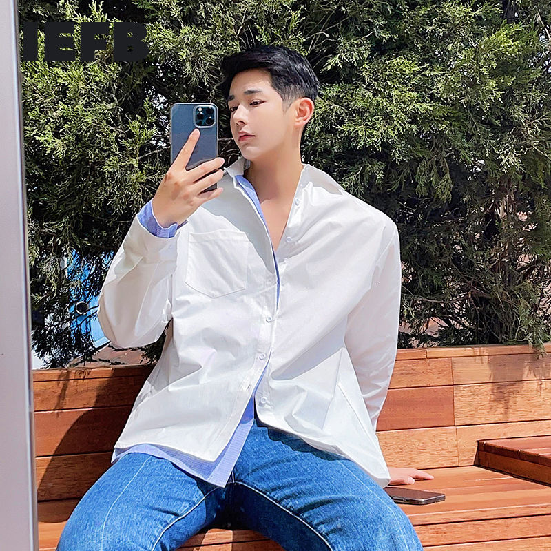 

IEFB Handsome Men's Clothing Fake Two Pieces White Shirts Stripe Stitching Korean Trend Oversized Shirts Spring 210524
