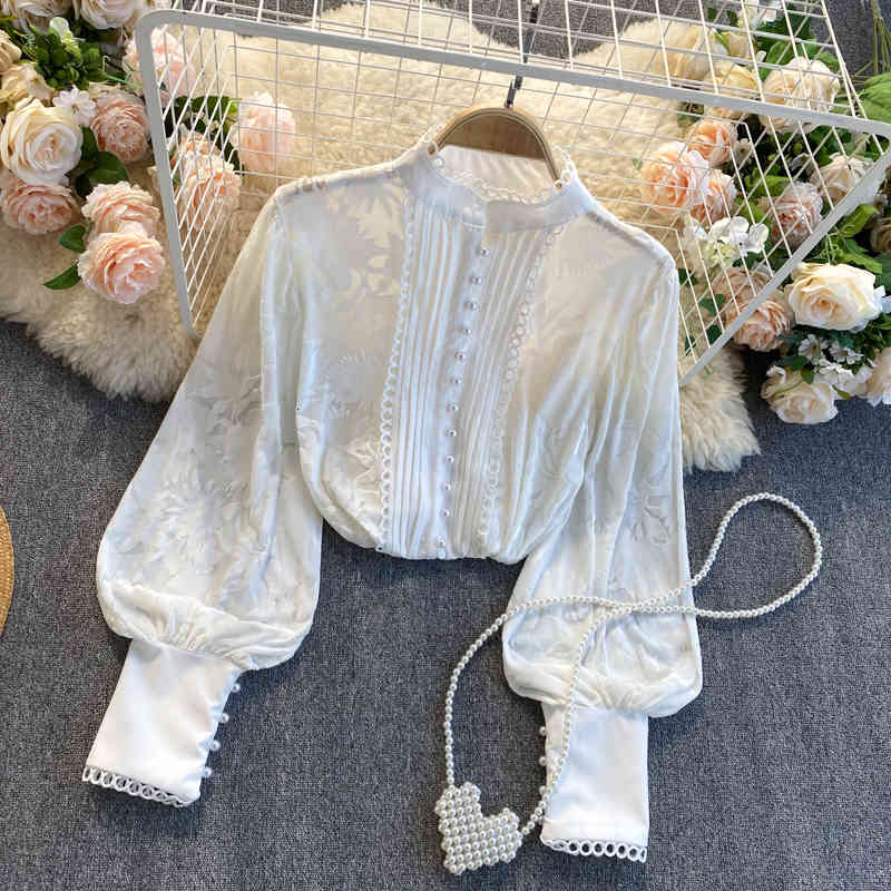 

shirt Korean Luxury Women's 2021 Spring Lantern Sleeve Office Lady Business Wear Black White Shirts Female Buttons Top Blouse RHGD