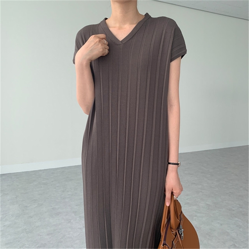 

Retro V-neck pleated dress women's knee-length mid-length loose and thin waist casual long skirt summer 210520, Pink