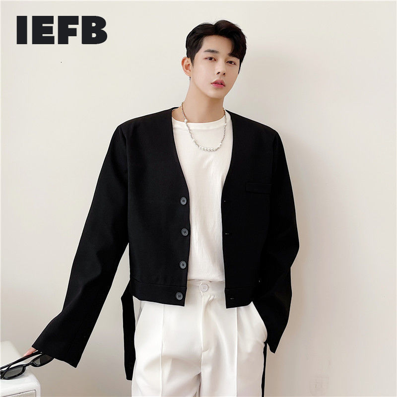 

IEFB Korean Style Trendy Collarless Wide Shoulder Men's Suit Coat Ins Short Blazer For Male Loose Causal Clothes 9Y7249 210524, Black