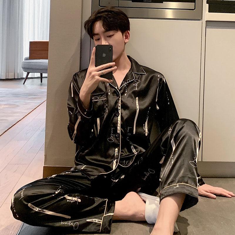

Men's Sleepwear Silk Pajamas Trousers Suit Men Full Body Pajama Homewear Oversize Luxury For Autumn Winter 2021, Black;brown