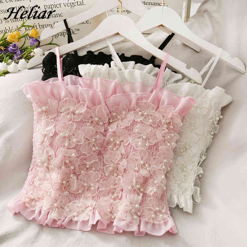 

French Embroidery Crop tops Beading Floral Vintage Lace Pleat Tank Tops Backless Slim Sweet Off Shoulder strap 210518, Pink