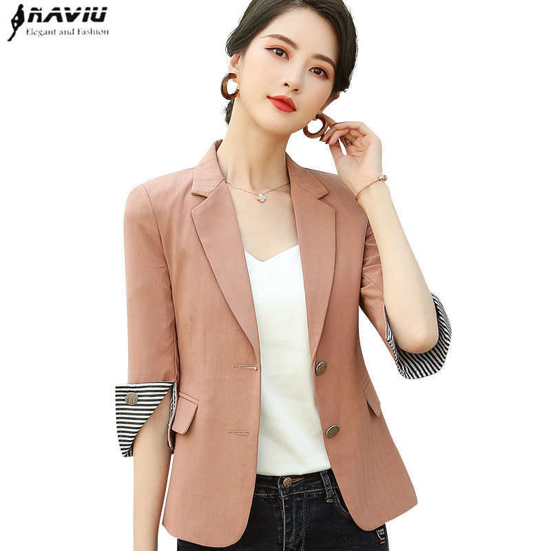 

Spring Summe Blazer Women Fashion Casual Hlaf Sleeve Patchwork Slim Jacket Office Ladies Temperament Work Coat 210604, Navy blazer