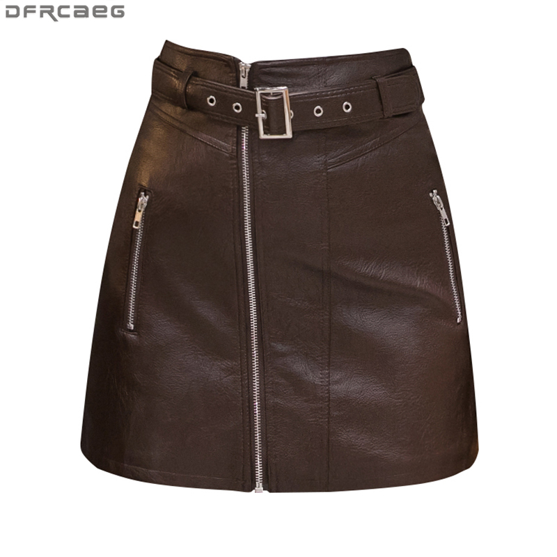 

Casual Dresses Vintage Streetwear PU Leather Skirt Women With Belt Zipper High Waist Mini Skirts Retro Black Brown A-Line Autumn W